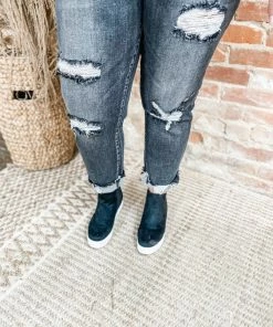 Risen Lellan High Rise Distressed Straight Leg Jeans- Washed Black