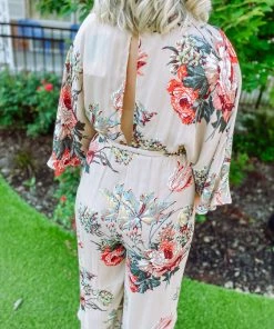 Cezanne Alyssa Floral Self Tie Kimono Jumpsuit Neutral Babe