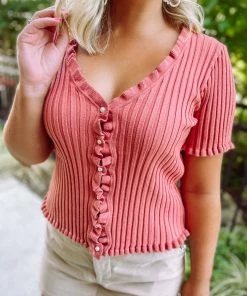 Entro Noa Ribbed Lettuce Hem Button Up Top- Salmon Tops