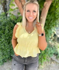 Love Tree Tops Lisa Woven Sleeveless Ruffle Top- Light Yellow