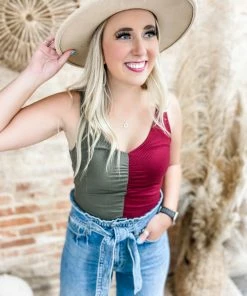 Peach Love Tops Natalie Color Blocked Bodysuit- Olive/Burgundy