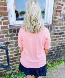 BomBom Tops Jordyn Crewneck Waffle Knit Top- Coral