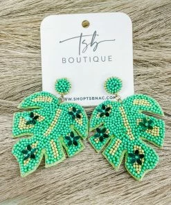 Texas Bling Green Palm Leaf Beaded Earrings