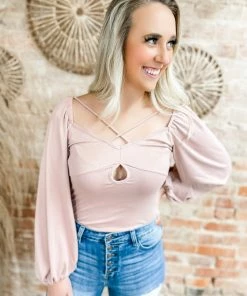 Peach Love Victoria Bubble Sleeve Bodysuit- Dusty Mauve