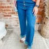 Risen Adeline Button Down 90's Frayed Hem Wide Jeans- Dark Wash