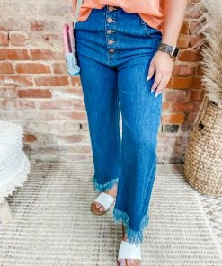 Risen Adeline Button Down 90's Frayed Hem Wide Jeans- Dark Wash