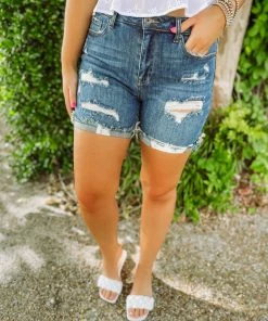 Risen Denim Cali Distressed Mid Thigh Shorts