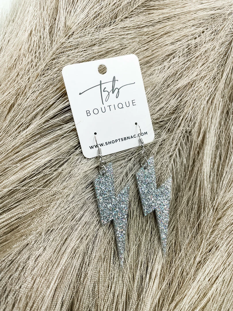 Texas Bling Jewelry Glitter Lightning Bolt Earrings- Silver 1 Texas Bling Jewelry Glitter Lightning Bolt Earrings- Silver
