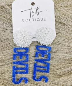 Texas Bling Blue Devils White Pom Earrings