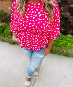 Umgee Plus Lexie Dalmatian Print Bell Sleeve Top- Hot Pink
