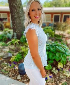 Andree Amora Sheer Lace Ruffle Hem Top