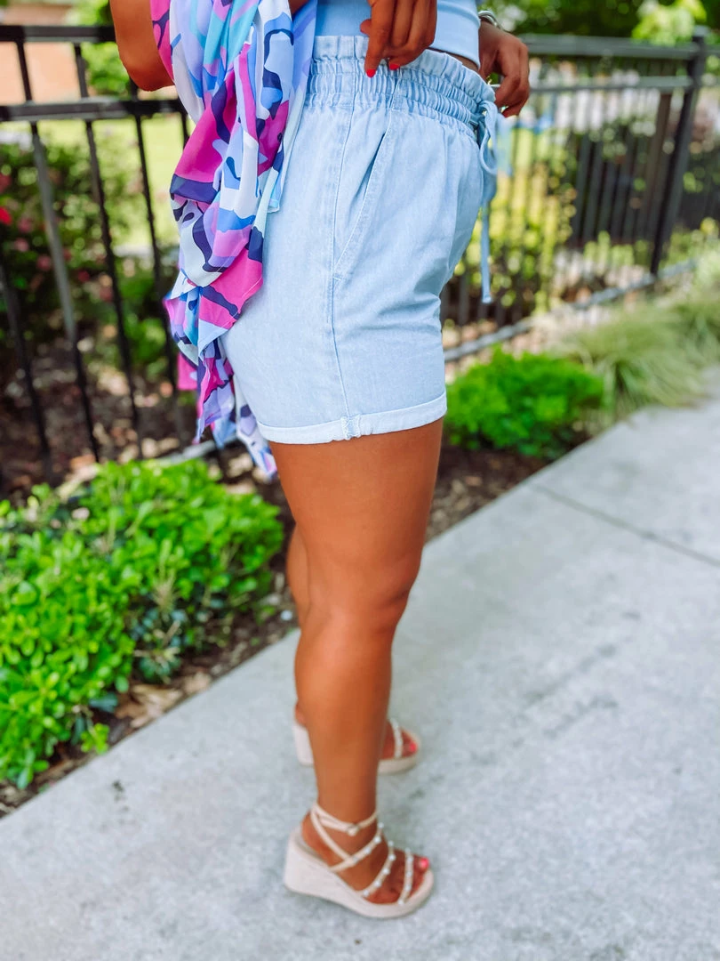 Easel Serenity Wide Elastic Waistband Denim Shorts- Dark Denim 3 Easel Serenity Wide Elastic Waistband Denim Shorts- Dark Denim