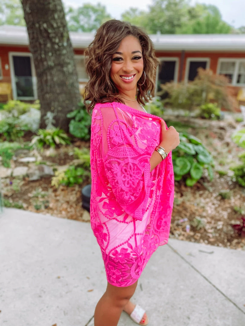 Umgee Izzie Floral Lace Open Front Kimono- Hot Pink 4 Umgee Izzie Floral Lace Open Front Kimono- Hot Pink
