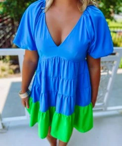 Entro Eliza Colorblock Bubble Sleeve Babydoll Dress Dresses