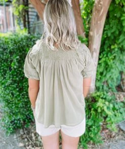Easel Jill Pleated Short Sleeve Top- Sage Tops