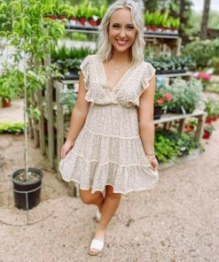 Ces Femme Maggie V Neck Tiered Floral Dress- Mustard Dresses