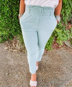 Must Have Jessica Square Buckle Belted Slim Fit Pants- Mint Bottoms