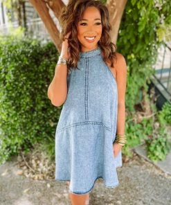 Idem Ditto Phoebe Halter Neck Denim Mini Dress Dresses