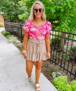 Flying Tomato Sallie Jacquard Contoured Puff Sleeve Top- Pink Tops