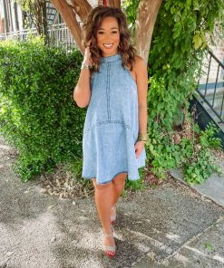 Idem Ditto Phoebe Halter Neck Denim Mini Dress Dresses