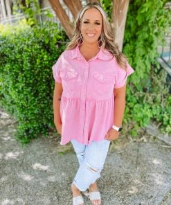 Entro Linda Denim Babydoll Collared Top