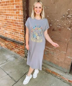 Faith Apparel Neutral Babe Wild Flower Midi T-Shirt Dress- Charcoal