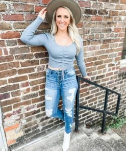 Love Tree Zoe L/S Tie Front Top- Steel Blue Tops