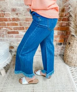 Risen Adeline Button Down 90's Frayed Hem Wide Jeans- Dark Wash