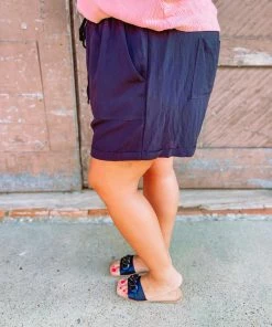 Kori Ashlyn Drawstring Waist Shorts- Black Plus