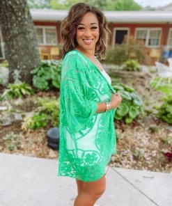Umgee Izzie Floral Lace Open Front Kimono- Kelly Green 9 Umgee Izzie Floral Lace Open Front Kimono- Kelly Green