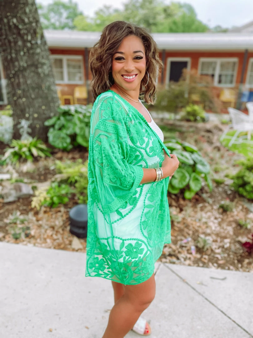 Umgee Izzie Floral Lace Open Front Kimono- Kelly Green 4 Umgee Izzie Floral Lace Open Front Kimono- Kelly Green