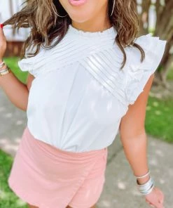 Entro Whitney Pleated Ruffle Round Neck Top- White Tops