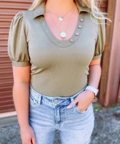 Blu Pepper Tops Kaelie U Neck Button Puff Sleeve Top- Olive