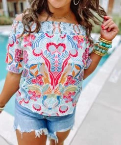 Flying Tomato Peyton Folk Print Elastic Off The Shoulder Top