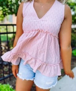 G Ink Take Me Away: Resort Edition Brandy Sleeveless Ruffle Hem Tank- Mauve