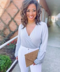 Peach Love Blake Frill Surplice V Neck Bodysuit- Grey