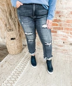 Risen Lellan High Rise Distressed Straight Leg Jeans- Washed Black