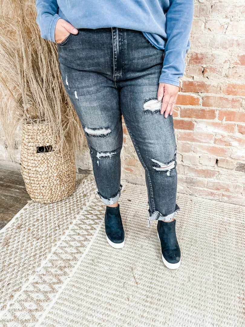 Risen Lellan High Rise Distressed Straight Leg Jeans- Washed Black 1 Risen Lellan High Rise Distressed Straight Leg Jeans- Washed Black