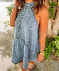 Idem Ditto Phoebe Halter Neck Denim Mini Dress Dresses