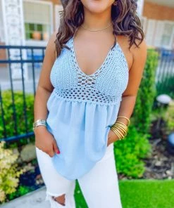 Trend Notes Tops Kimberly Crochet Knit Halter Tunic Top- Blue