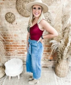 Peach Love Tops Natalie Color Blocked Bodysuit- Olive/Burgundy