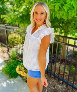 Entro Tops Kynlee Sheer Checkered Ruffle Sleeve Top- White