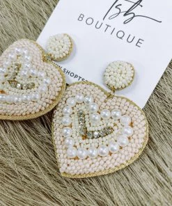 Texas Bling Jewelry Tan Beaded Heart Earrings