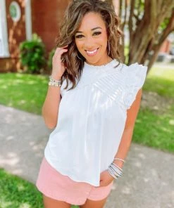 Entro Whitney Pleated Ruffle Round Neck Top- White Tops