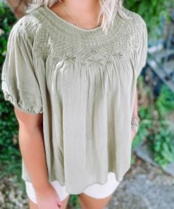 Easel Jill Pleated Short Sleeve Top- Sage Tops