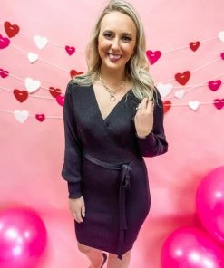 Main Strip Elaine Surplice Waist Tie Long Sleeve Dress