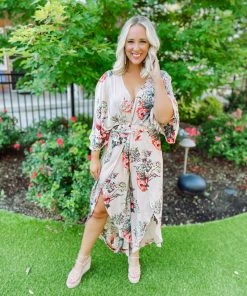 Cezanne Alyssa Floral Self Tie Kimono Jumpsuit Neutral Babe