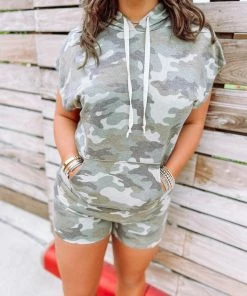 Entro Sets Erin Camo Hoodie & Shorts Set- Army