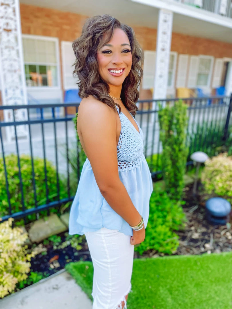 Trend Notes Tops Kimberly Crochet Knit Halter Tunic Top- Blue 5 Trend Notes Tops Kimberly Crochet Knit Halter Tunic Top- Blue