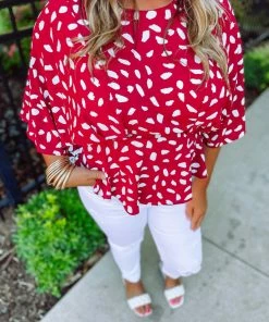 Umgee Lexie Dalmatian Print Bell Sleeve- Crimson Plus 7 Umgee Lexie Dalmatian Print Bell Sleeve- Crimson Plus